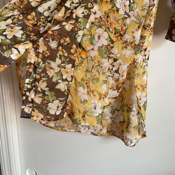 Anthro Fig & Flower Fall Floral Tab Sleeve Button Down Tunic Blouse S Semi Sheer - Picture 8 of 13
